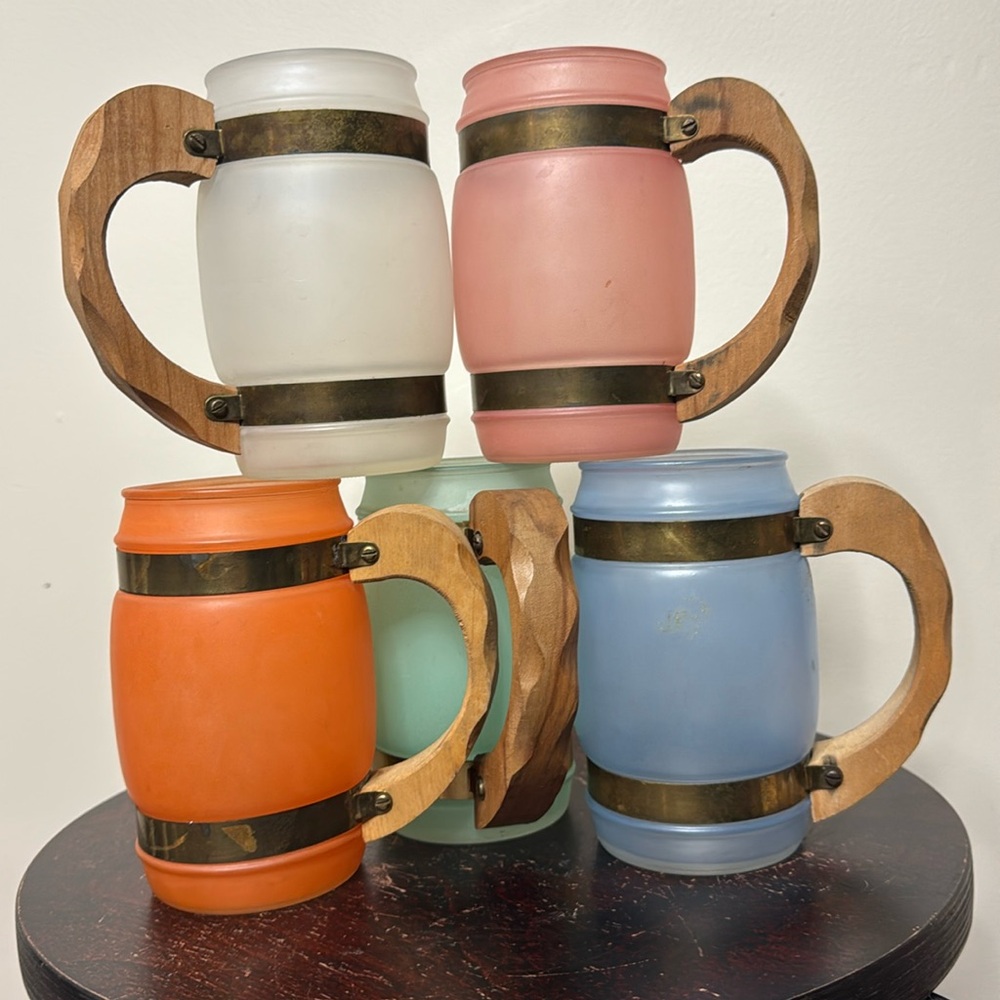 Vintage mid century siesta ware set of 5 glass barrel tiki mugs glasses cups
